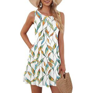 Women's Bu Ye Dye Leaf Sleeveless Crew Neck Summer Boho Beach Dress with Pockets